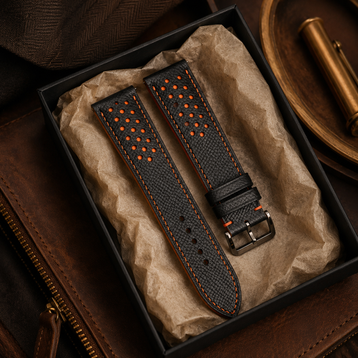Black Orange Epsom Leather Watch Strap