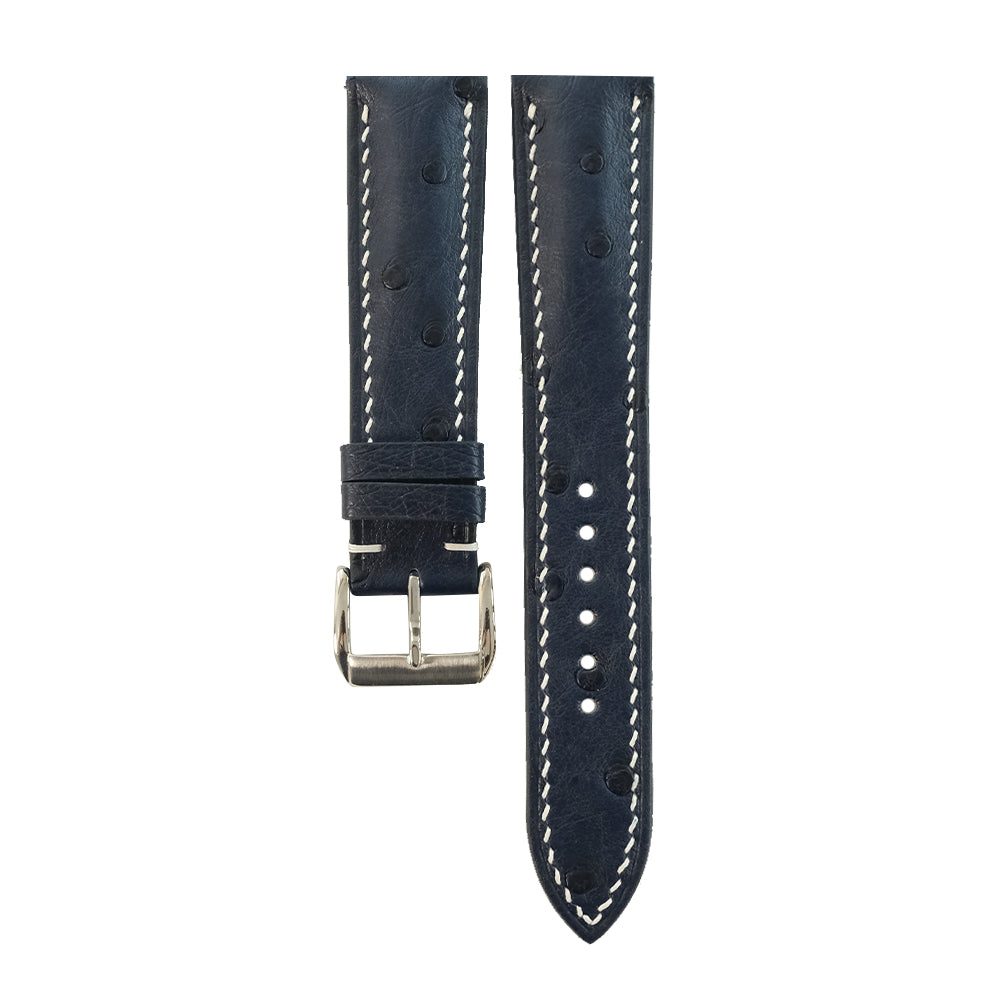 Black Ostrich leather watch strap - quill bumps, white stitch