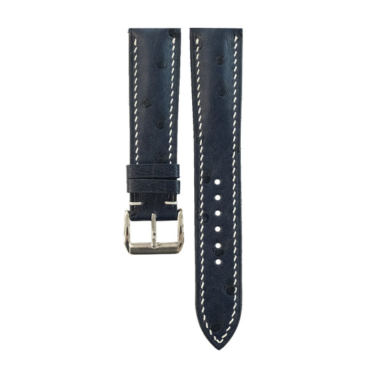 Black Ostrich leather watch strap - quill bumps, white stitch