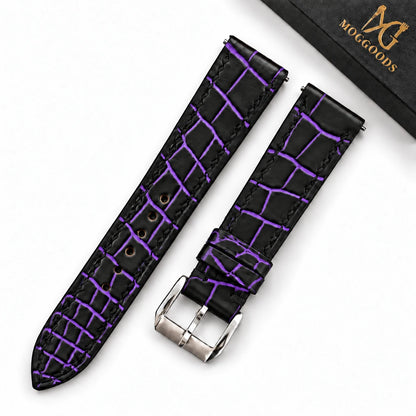 Patina Black Purple Alligator Leather Watch Strap - full strap black purple patina scales