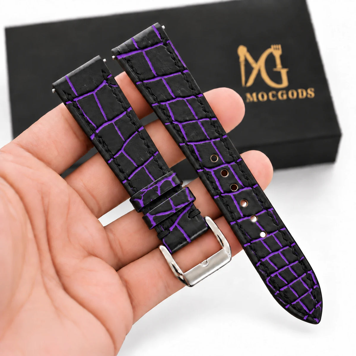 Patina Black Purple Alligator Leather Watch Strap - alligator scale detail purple accents