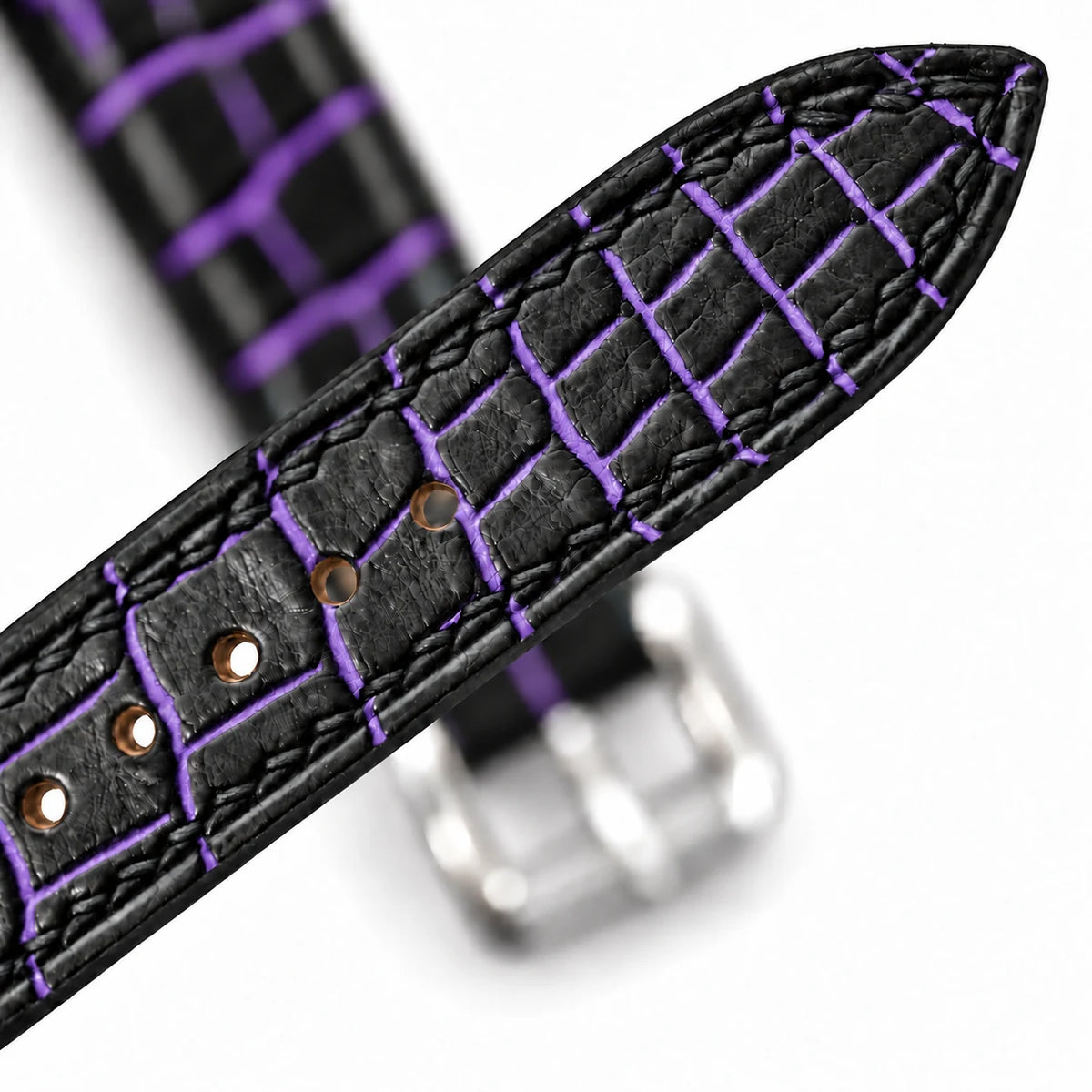 Patina Black Purple Alligator Leather Watch Strap - side profile purple patina