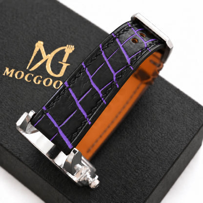 Patina Black Purple Alligator Leather Watch Strap - on watch with Moc Goods gift box