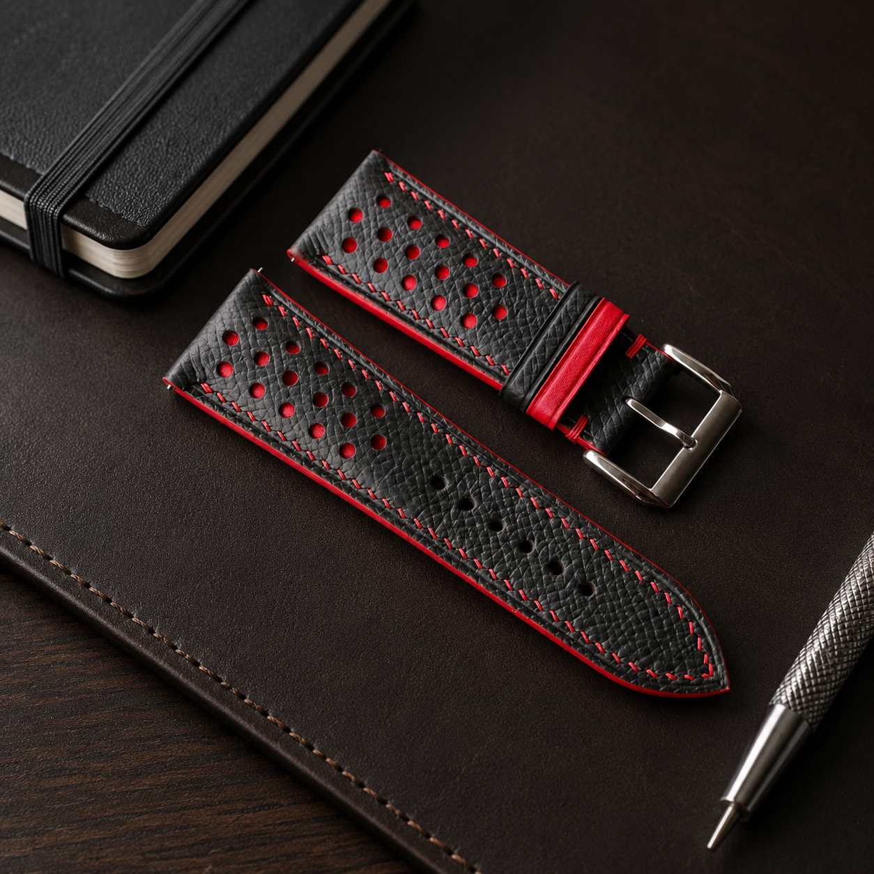 Black Red Padded Epsom Leather Watch Strap