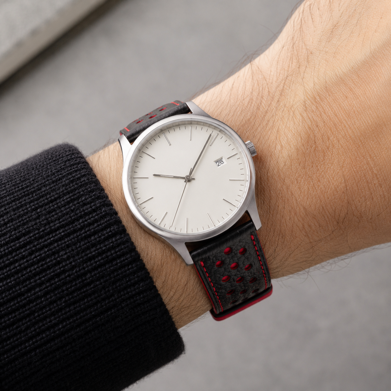 Black Red Padded Epsom Leather Watch Strap