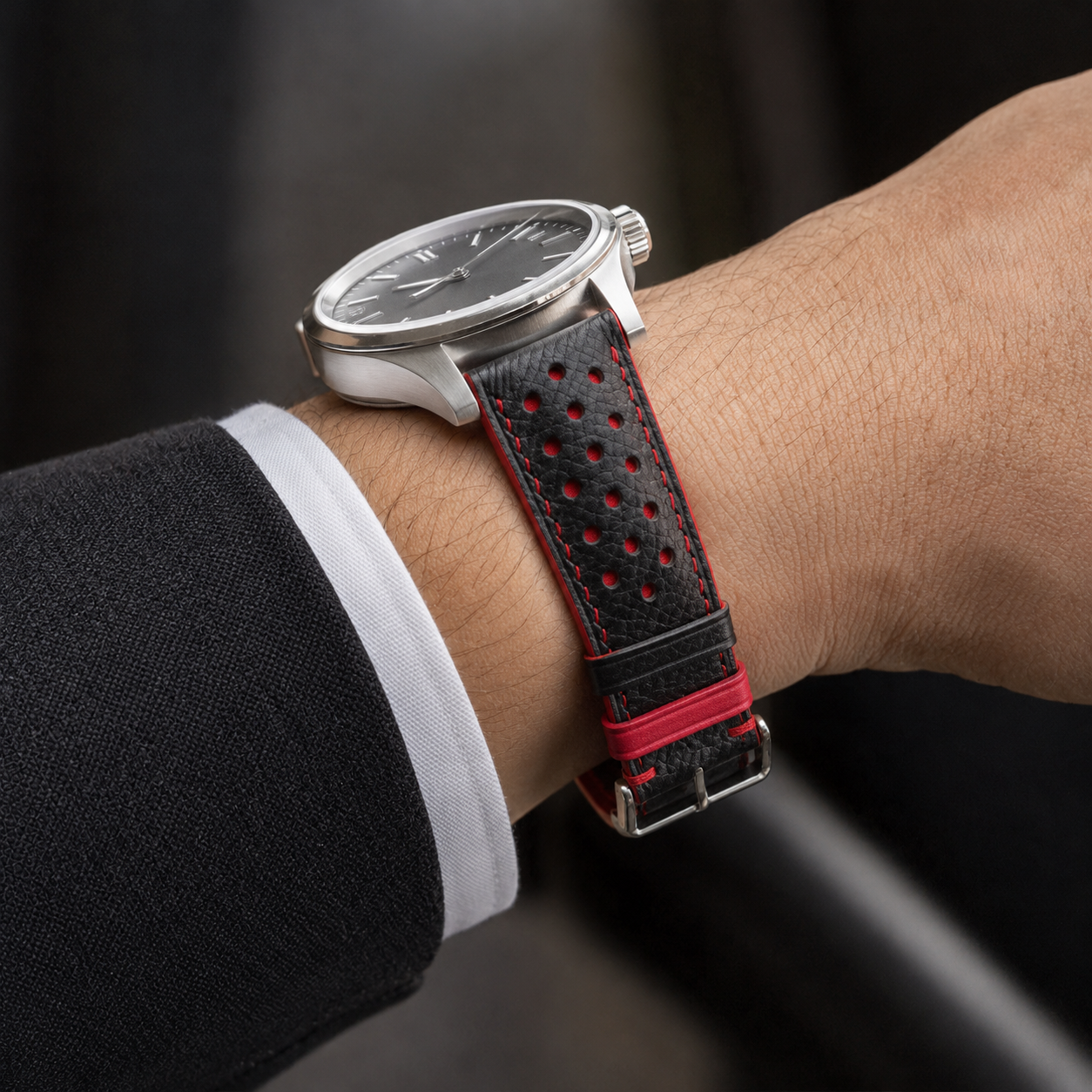 Black Red Padded Epsom Leather Watch Strap