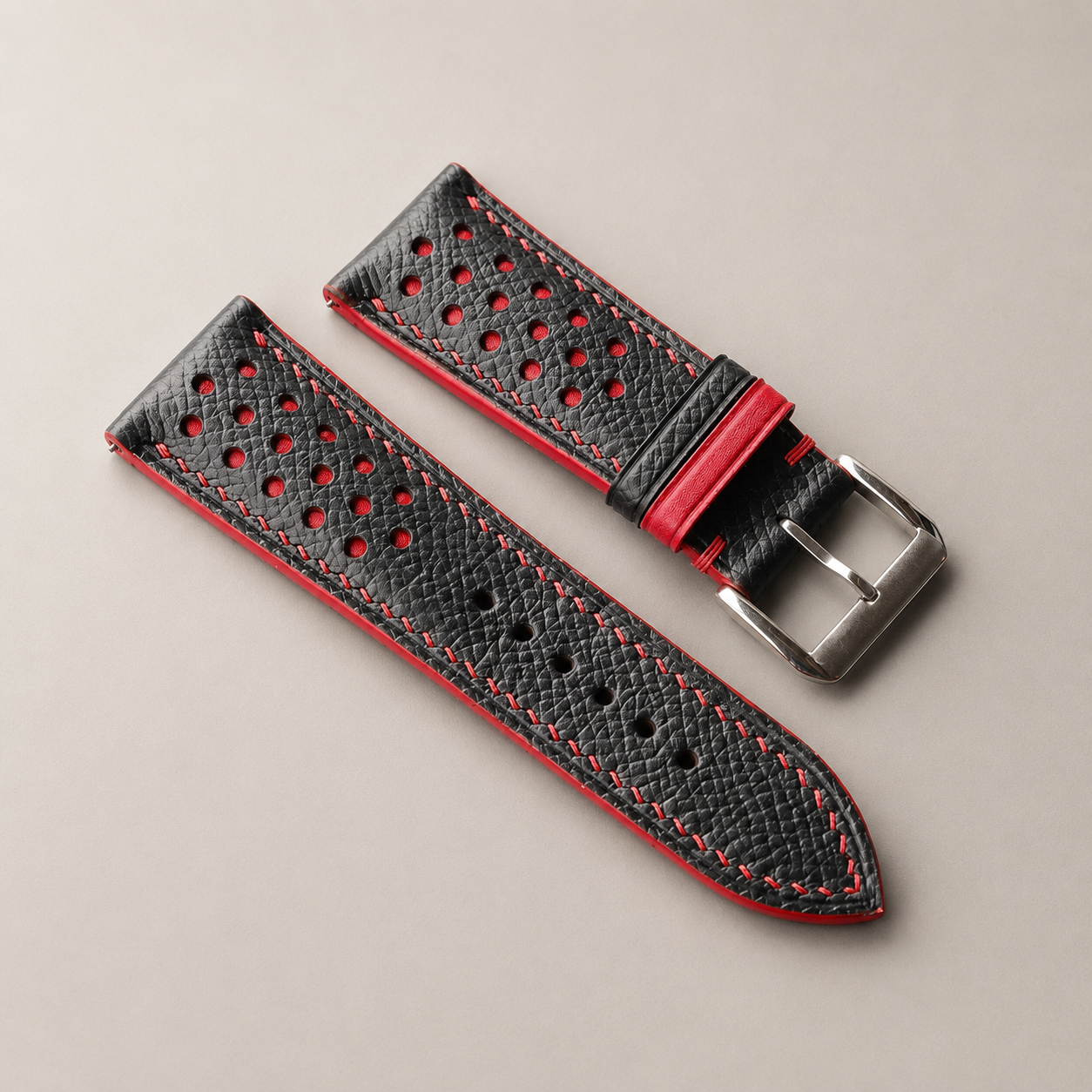 Black Red Padded Epsom Leather Watch Strap