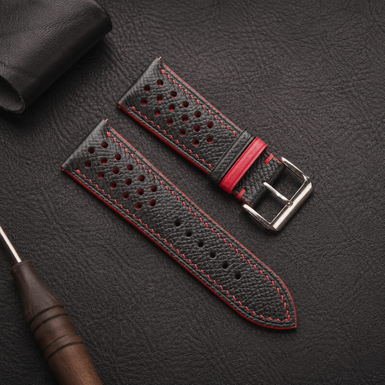 Black Red Padded Epsom Leather Watch Strap