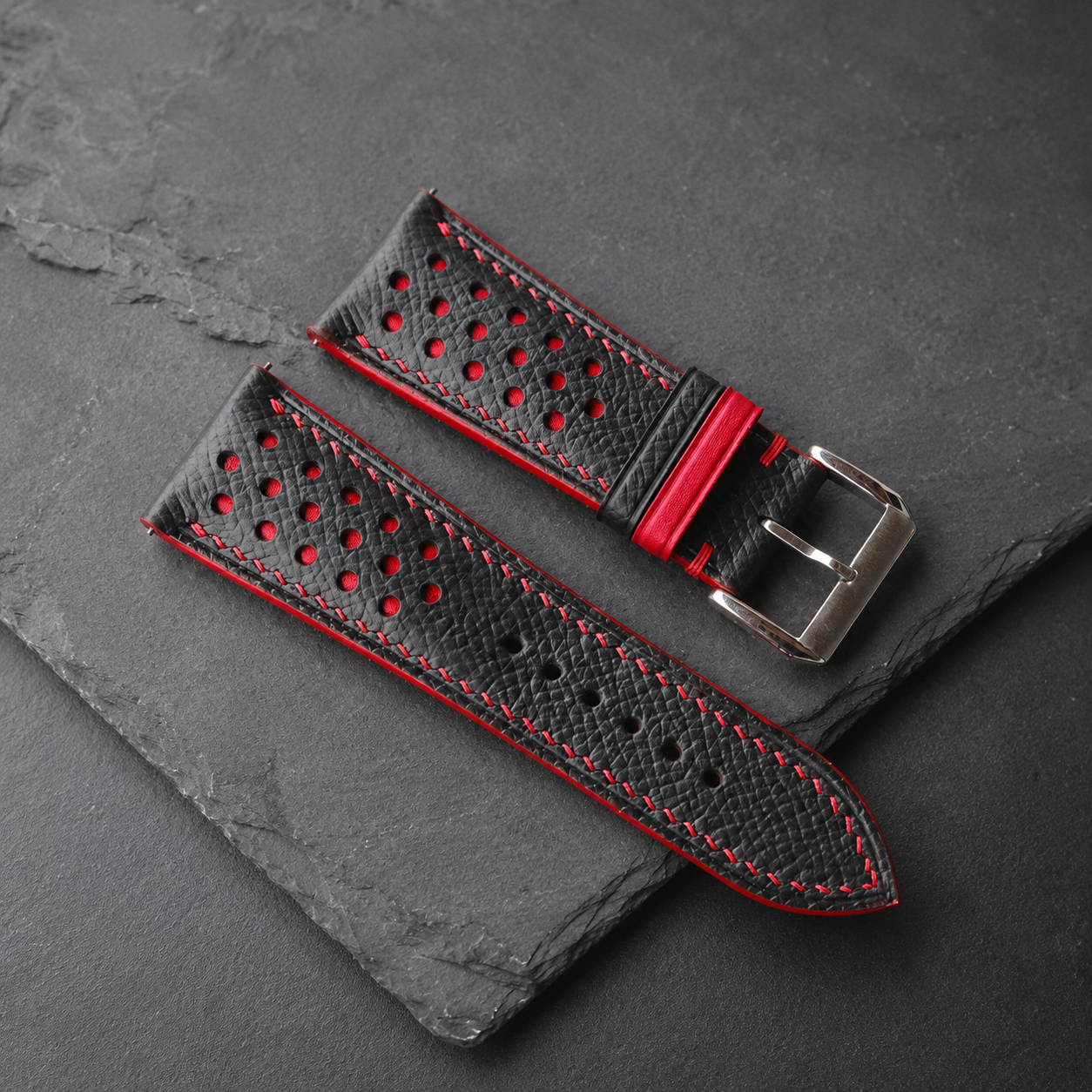 Black Red Padded Epsom Leather Watch Strap