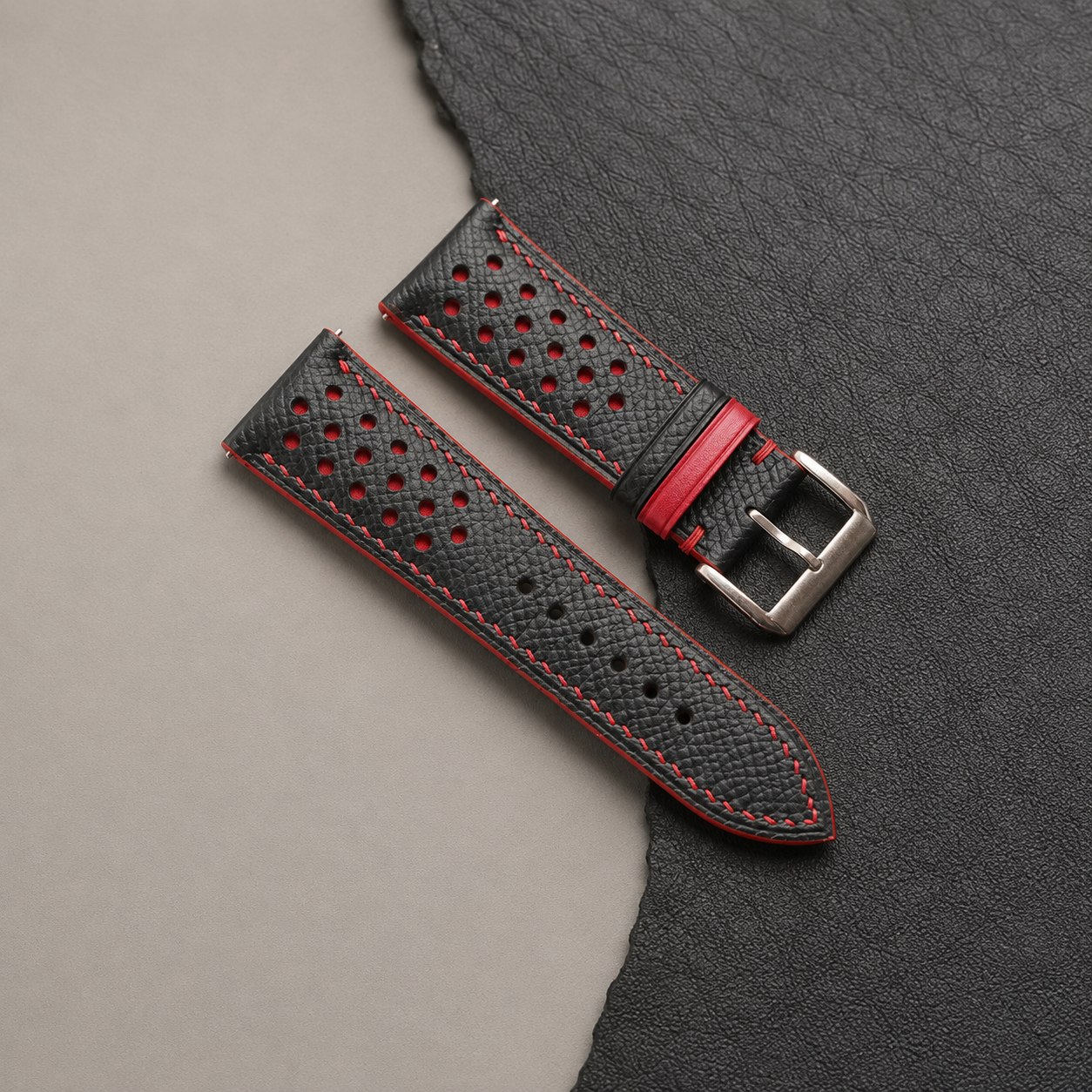 Black Red Padded Epsom Leather Watch Strap