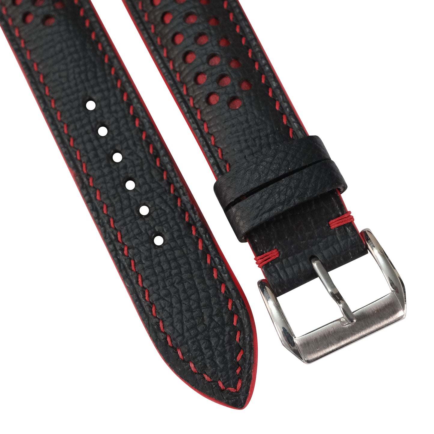 Flat Black Red Racing Holes Rally Epsom Leather Watch Strap