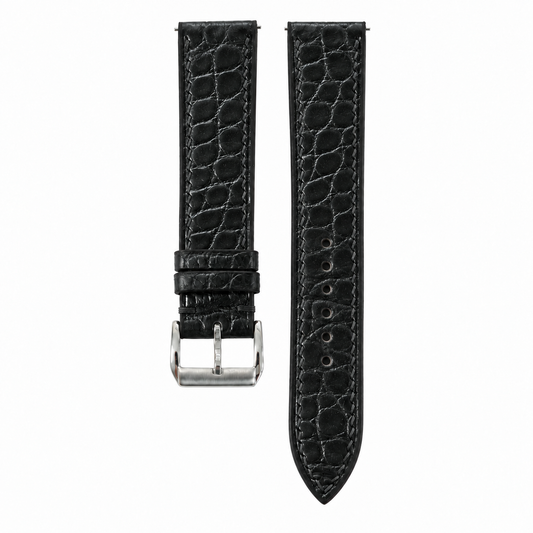 Black Small Round Scale Alligator Leather Watch Strap - front and back flat lay