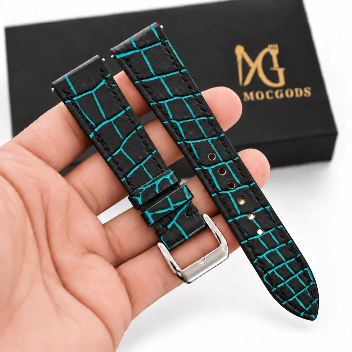 Patina Black Turquoise Alligator Leather Watch Strap - full strap black turquoise patina scales