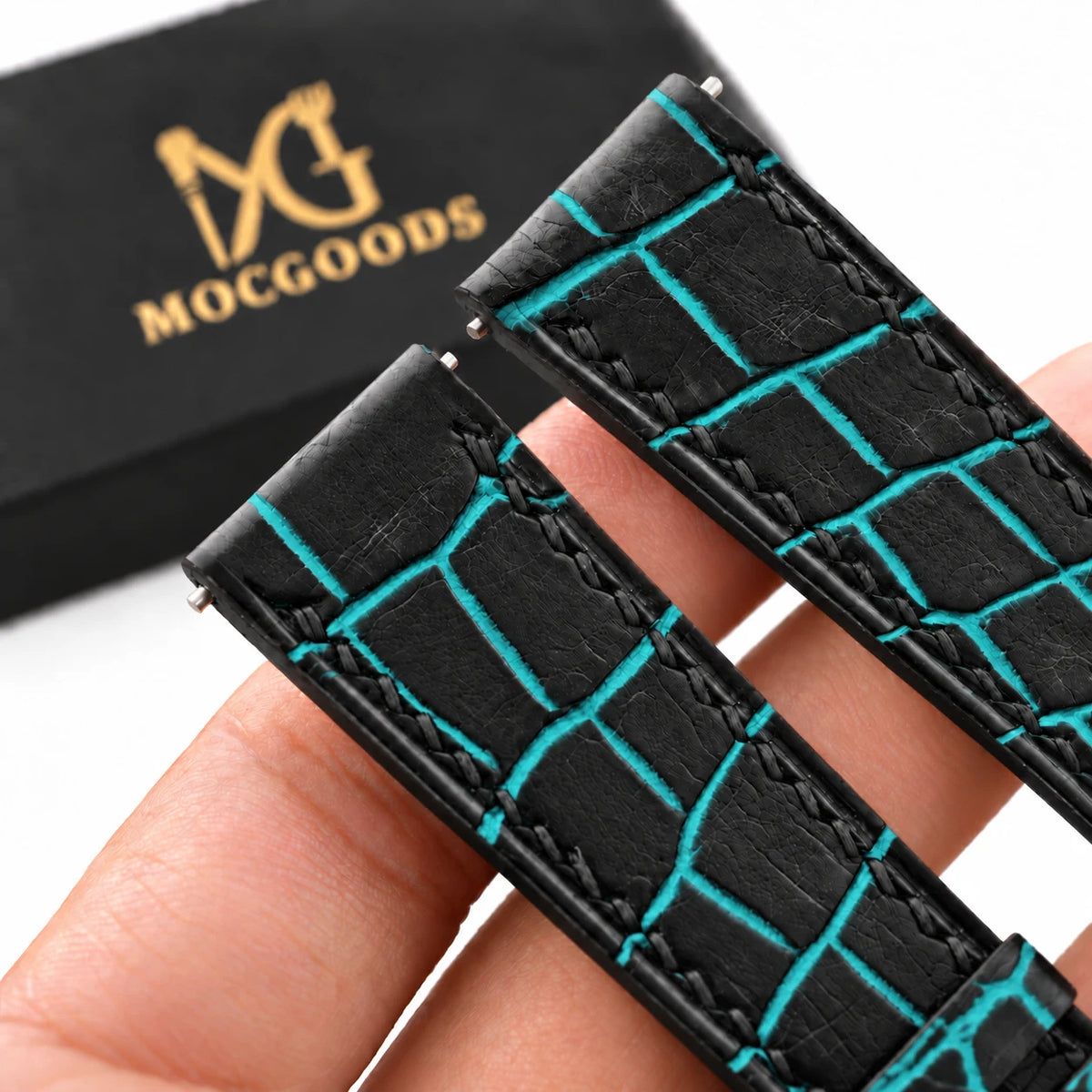 Patina Black Turquoise Alligator Leather Watch Strap - alligator scale detail turquoise accents