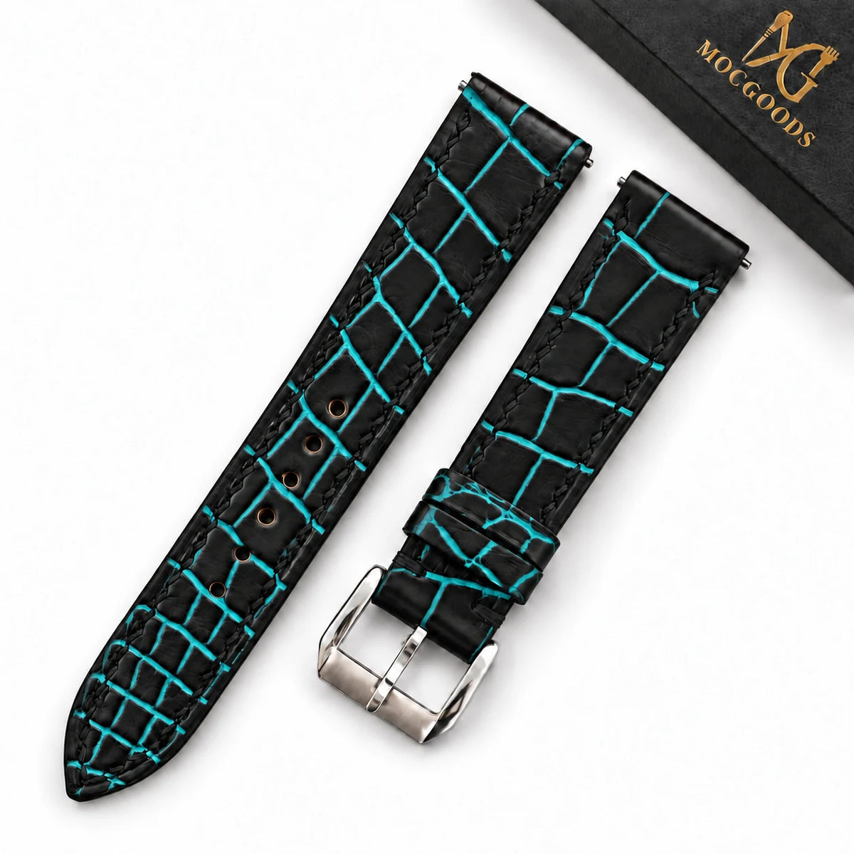 Patina Black Turquoise Alligator Leather Watch Strap - side profile turquoise patina