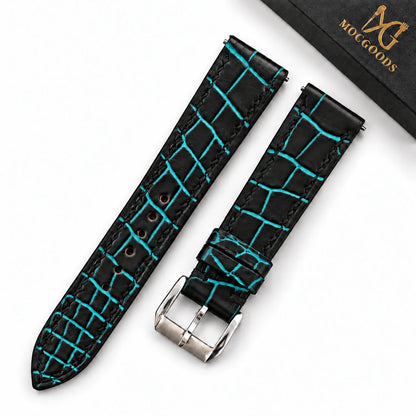 Patina Black Turquoise Alligator Leather Watch Strap - side profile turquoise patina