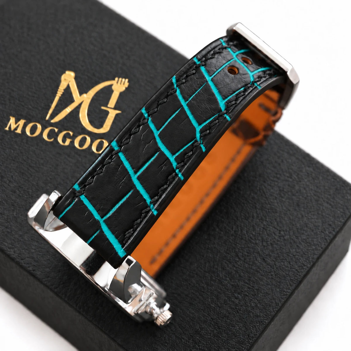 Patina Black Turquoise Alligator Leather Watch Strap - turquoise patina scale close-up
