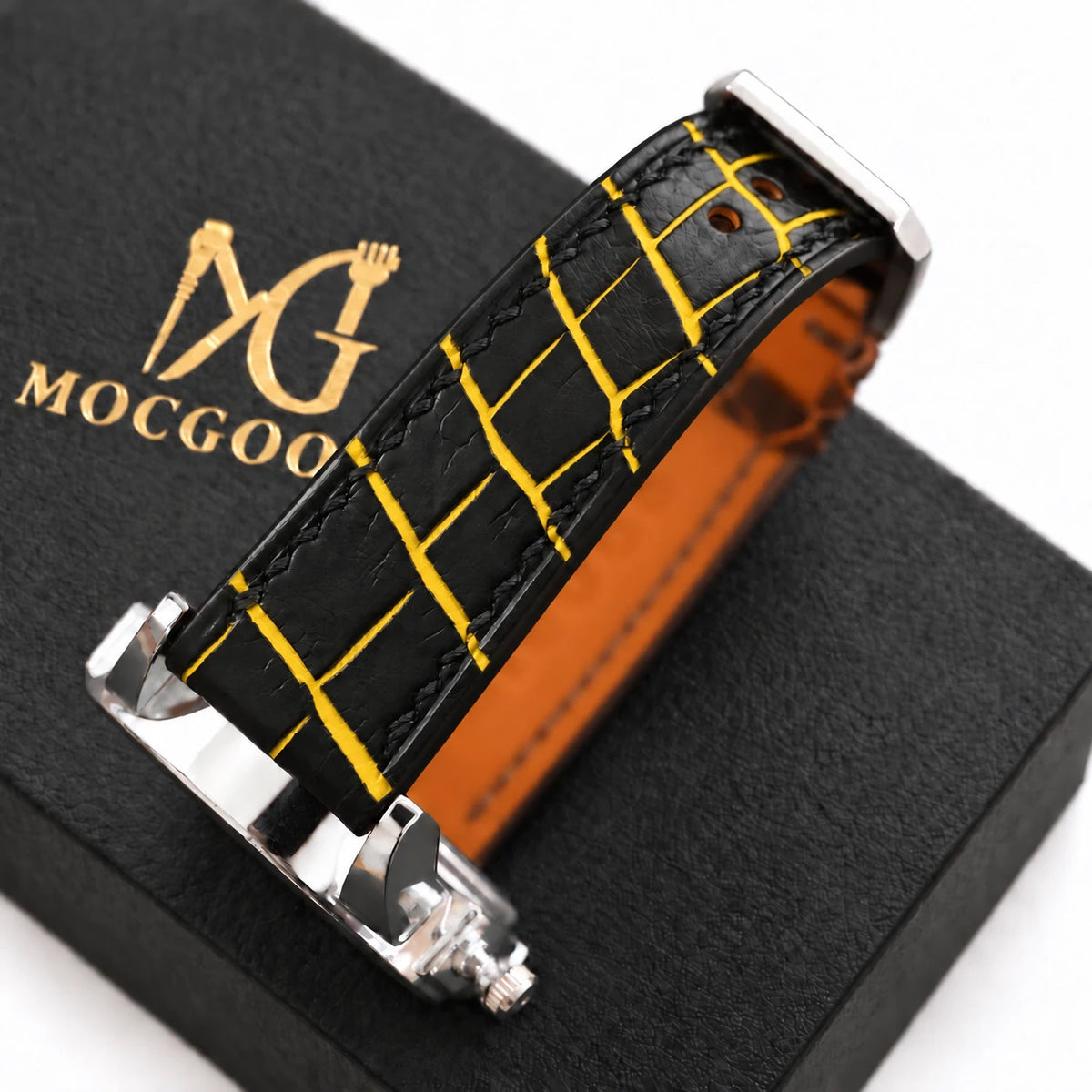 Patina Black Yellow Alligator Leather Watch Strap - alligator scale detail yellow accents