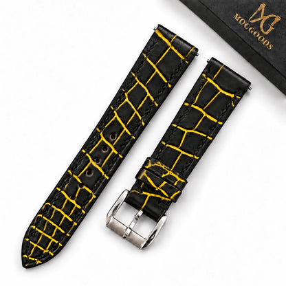 Patina Black Yellow Alligator Leather Watch Strap - side profile yellow patina