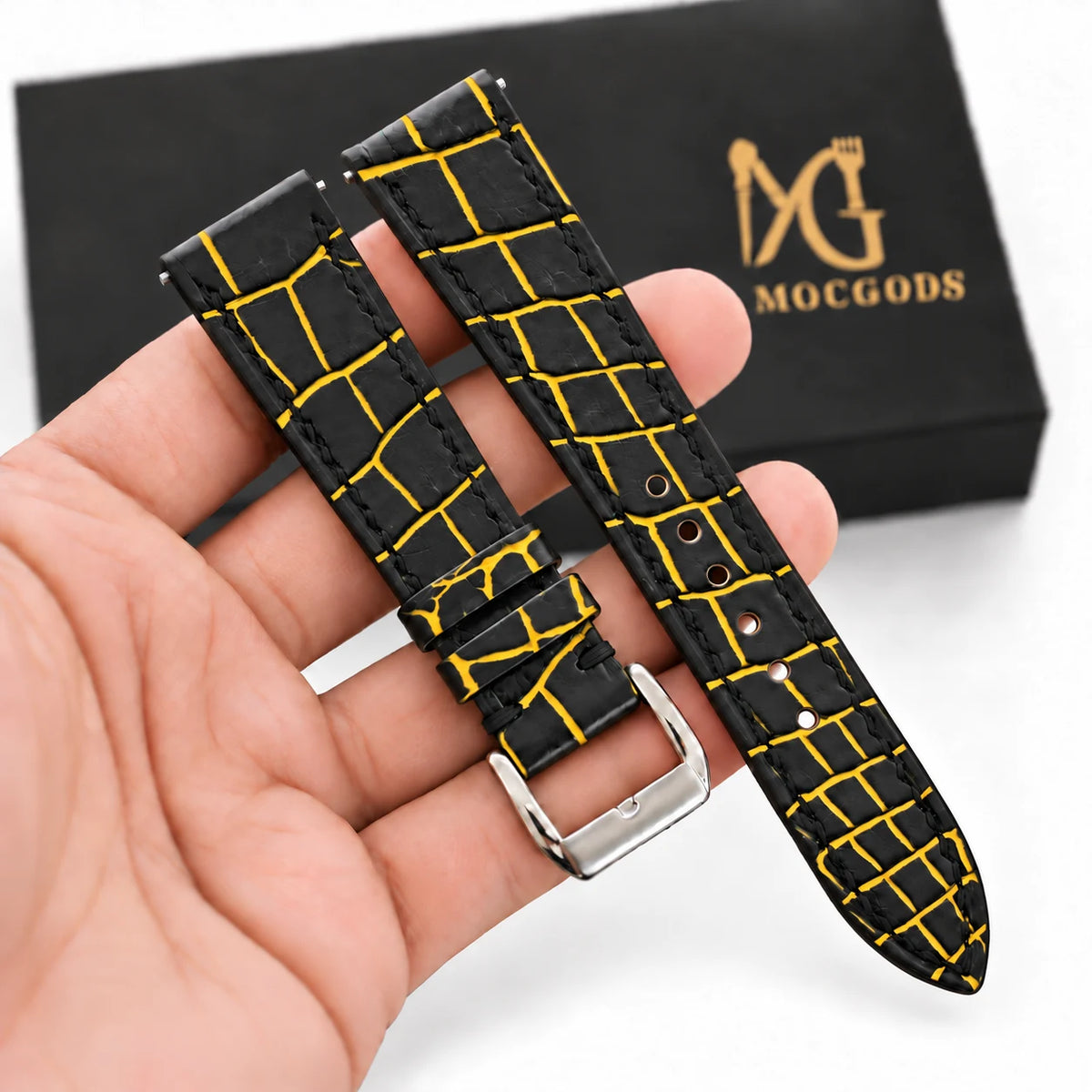Patina Black Yellow Alligator Leather Watch Strap - in hand with Moc Goods gift box