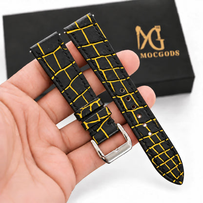 Patina Black Yellow Alligator Leather Watch Strap - in hand with Moc Goods gift box