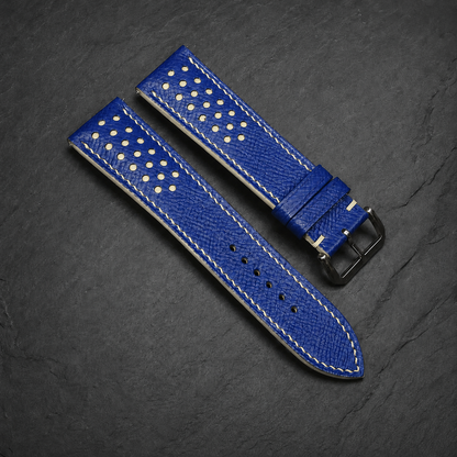 Blue and Cream Racing Small Holes Rally Epsom Leather Watch Strap