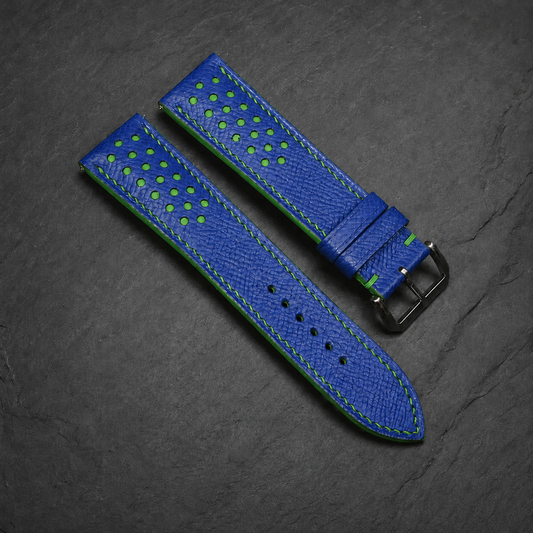 Blue and Green Racing Small Holes Rally Epsom Leather Watch Strap