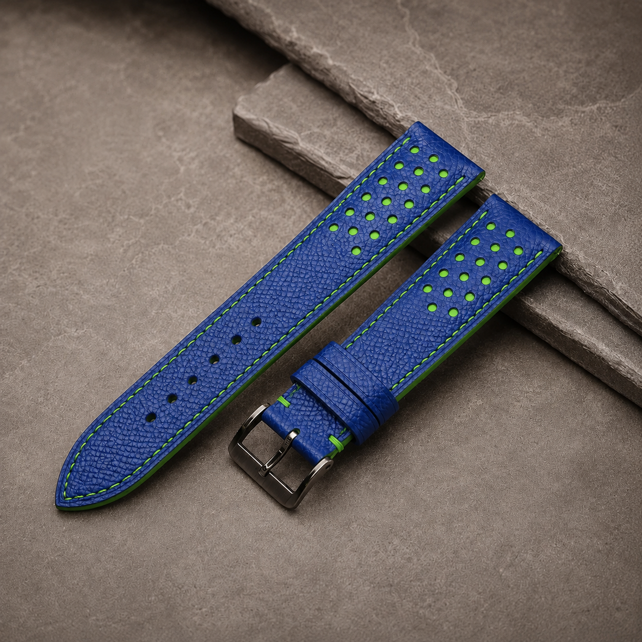 Blue and Green Racing Small Holes Rally Epsom Leather Watch Strap
