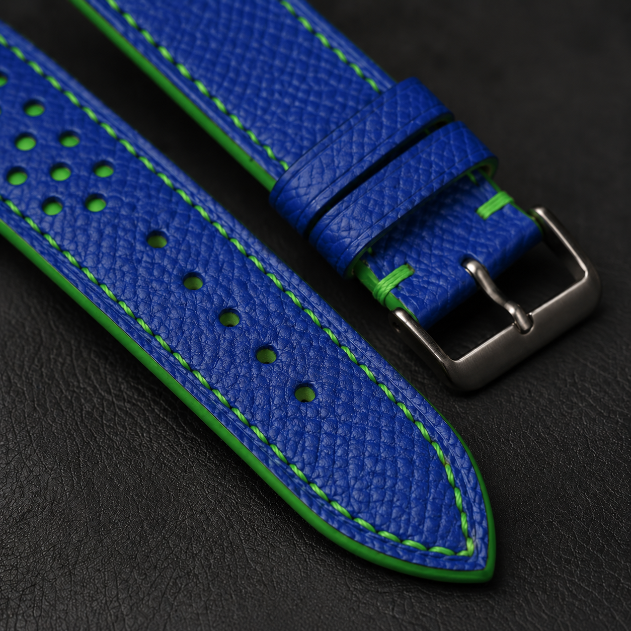 Blue and Green Racing Small Holes Rally Epsom Leather Watch Strap