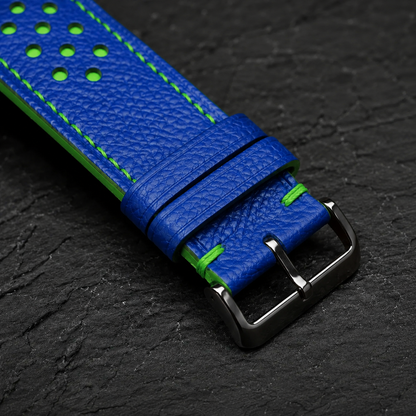 Blue and Green Racing Small Holes Rally Epsom Leather Watch Strap
