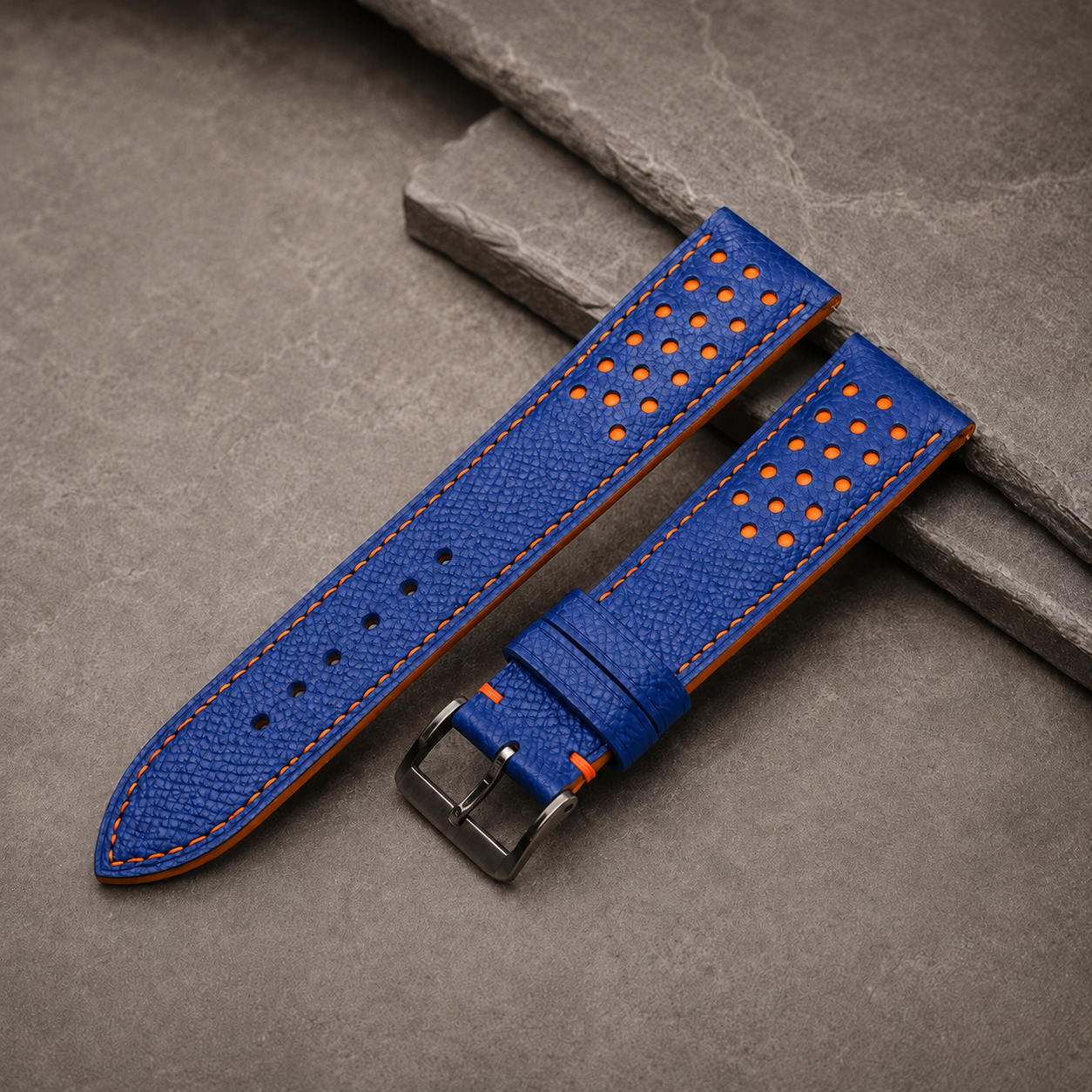 Blue and Orange Racing Small Holes Rally Epsom Leather Watch Strap