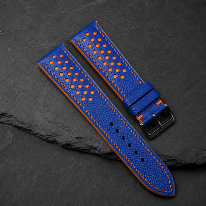 Blue and Orange Racing Small Holes Rally Epsom Leather Watch Strap
