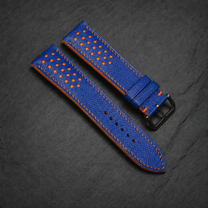 Blue and Orange Racing Small Holes Rally Epsom Leather Watch Strap