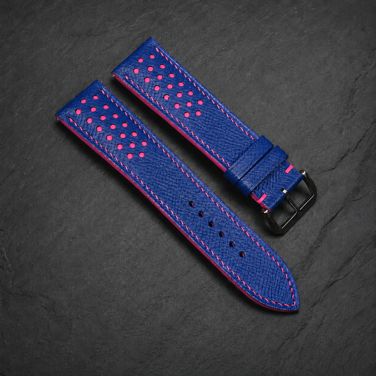 Blue and Pink Racing Small Holes Rally Epsom Leather Watch Strap