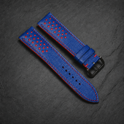 Blue and Red Racing Small Holes Rally Epsom Leather Watch Strap