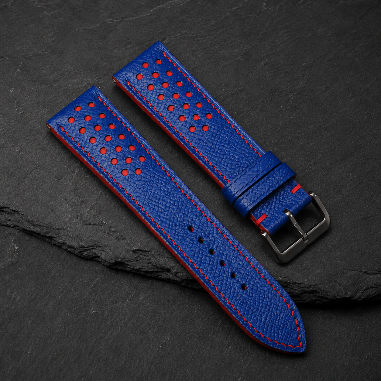 Blue and Red Racing Small Holes Rally Epsom Leather Watch Strap