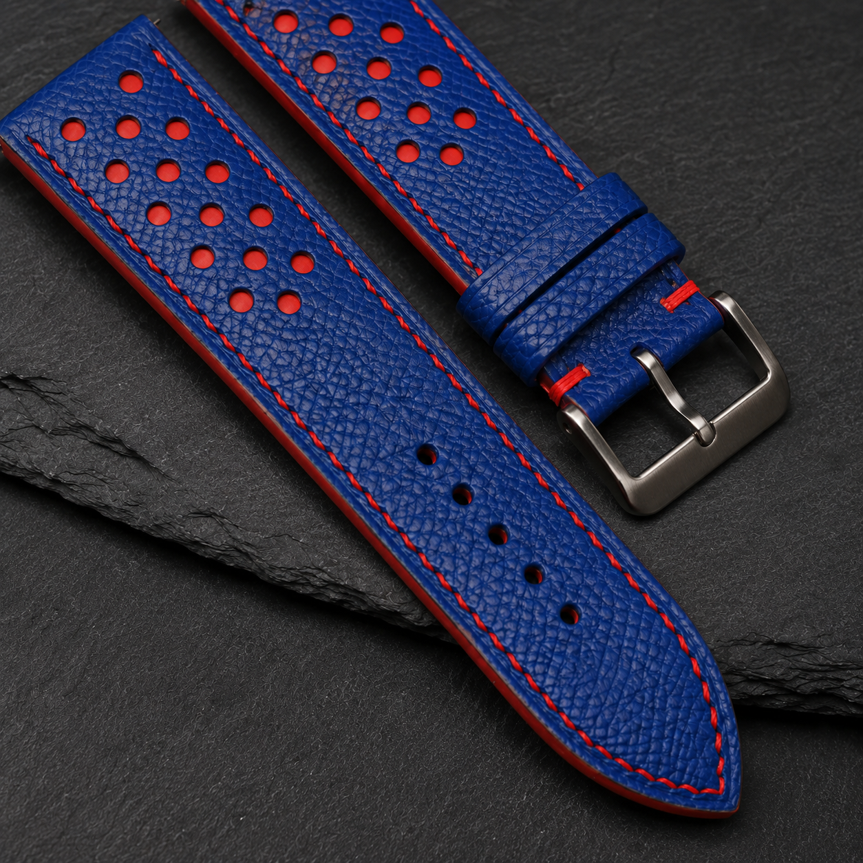 Blue and Red Racing Small Holes Rally Epsom Leather Watch Strap