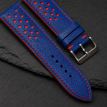 Blue and Red Racing Small Holes Rally Epsom Leather Watch Strap
