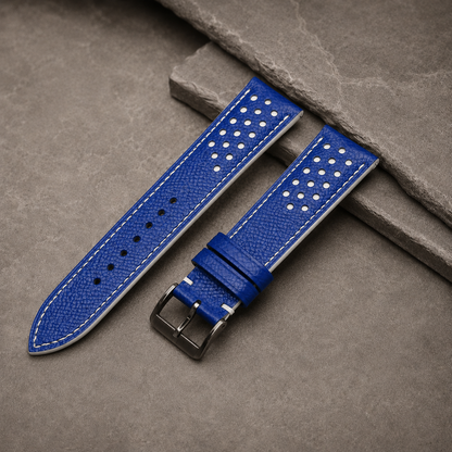 Blue and White Racing Small Holes Rally Epsom Leather Watch Strap