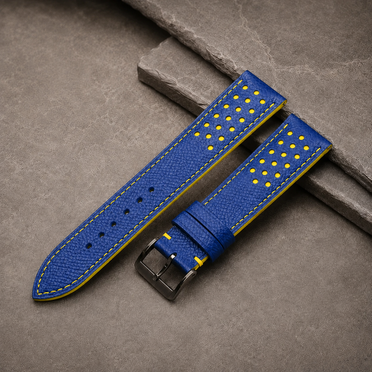 Blue and Yellow Racing Small Holes Rally Epsom Leather Watch Strap