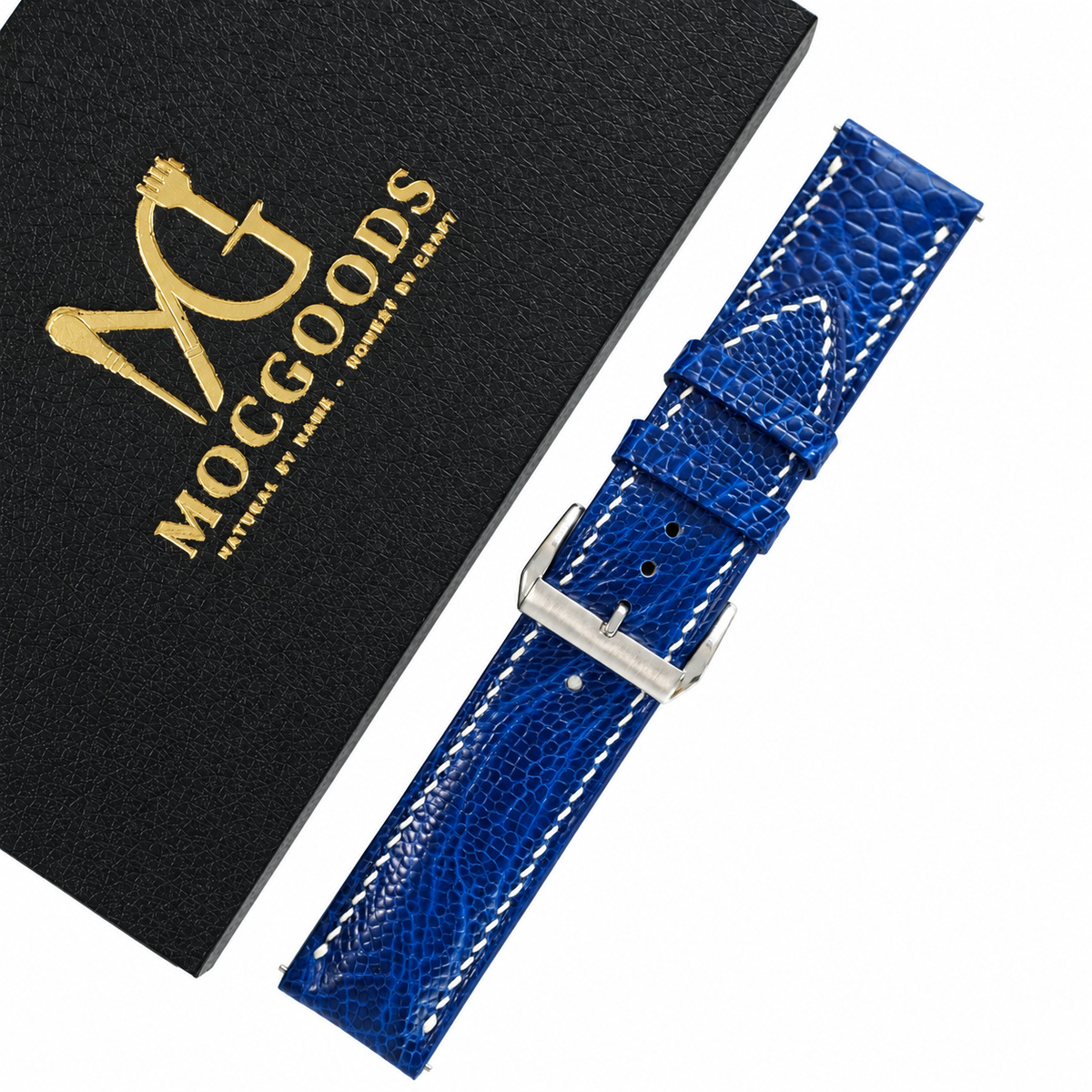 Blue Fine Scale Ostrich Leg Leather Watch Strap - side view
