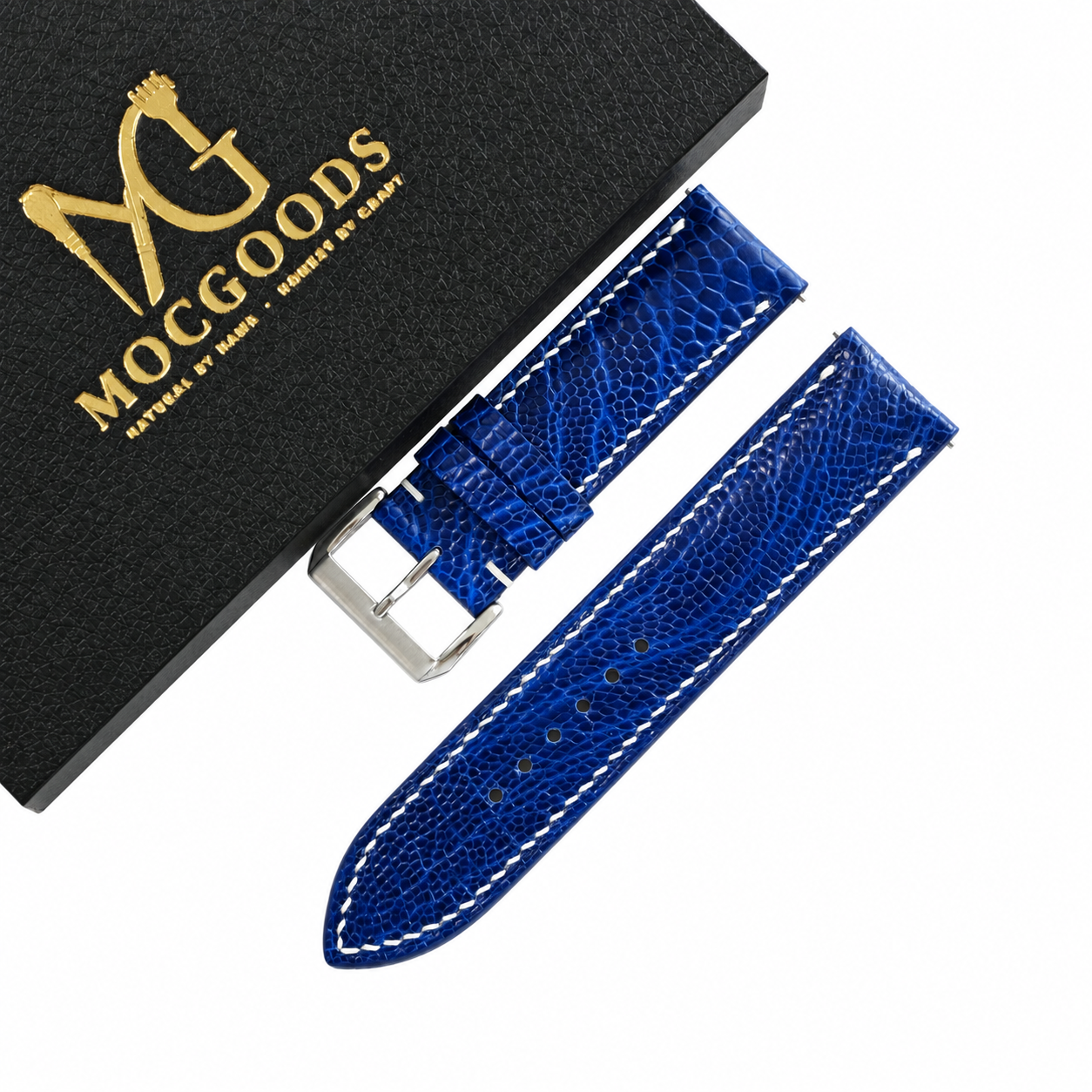 Blue Fine Scale Ostrich Leg Leather Watch Strap - fine small-scale grain detail