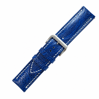 Blue Fine Scale Ostrich Leg Leather Watch Strap - buckle and edge