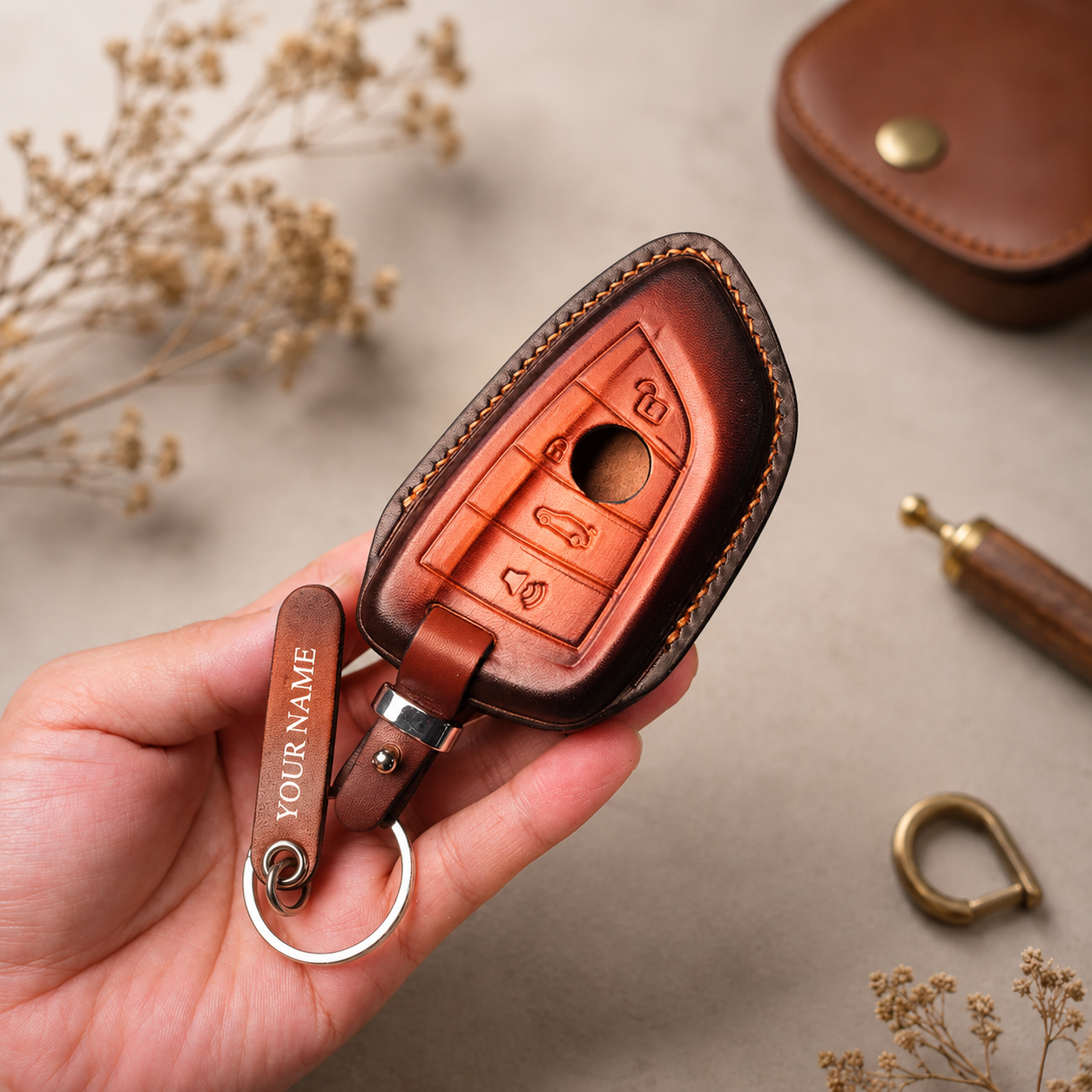 BMW i Series Leather Key Fob Cover - Patina