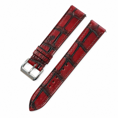 Burgundy Oxblood Patina Alligator Leather Watch Strap - angled view with brushed steel buckle