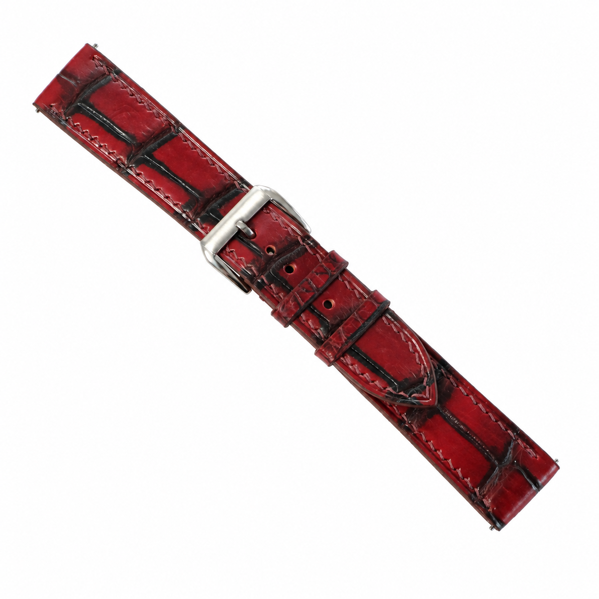 Burgundy Oxblood Patina Alligator Leather Watch Strap - full strap with stainless steel buckle