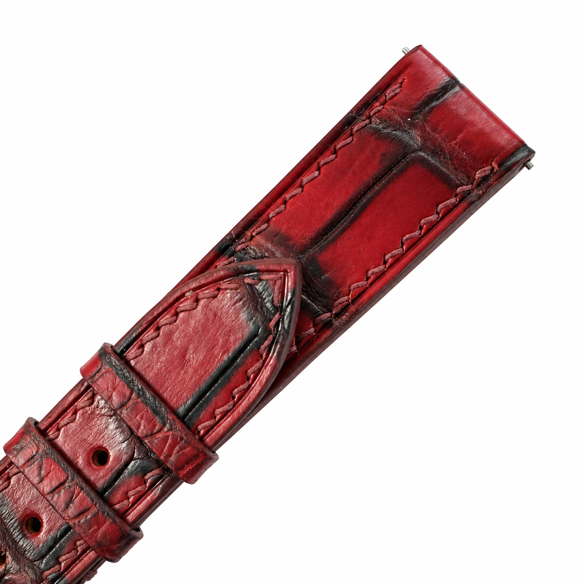 Burgundy Oxblood Patina Alligator Leather Watch Strap - keeper loops and hand stitching close-up