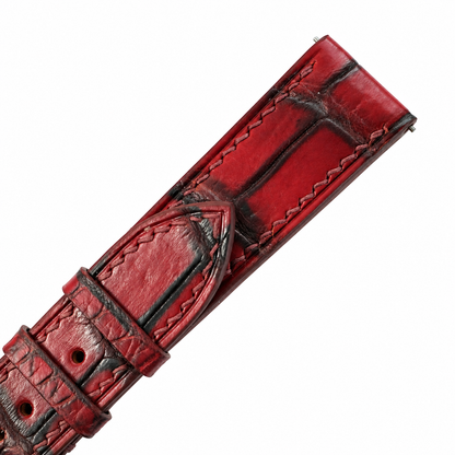 Burgundy Oxblood Patina Alligator Leather Watch Strap - keeper loops and hand stitching close-up