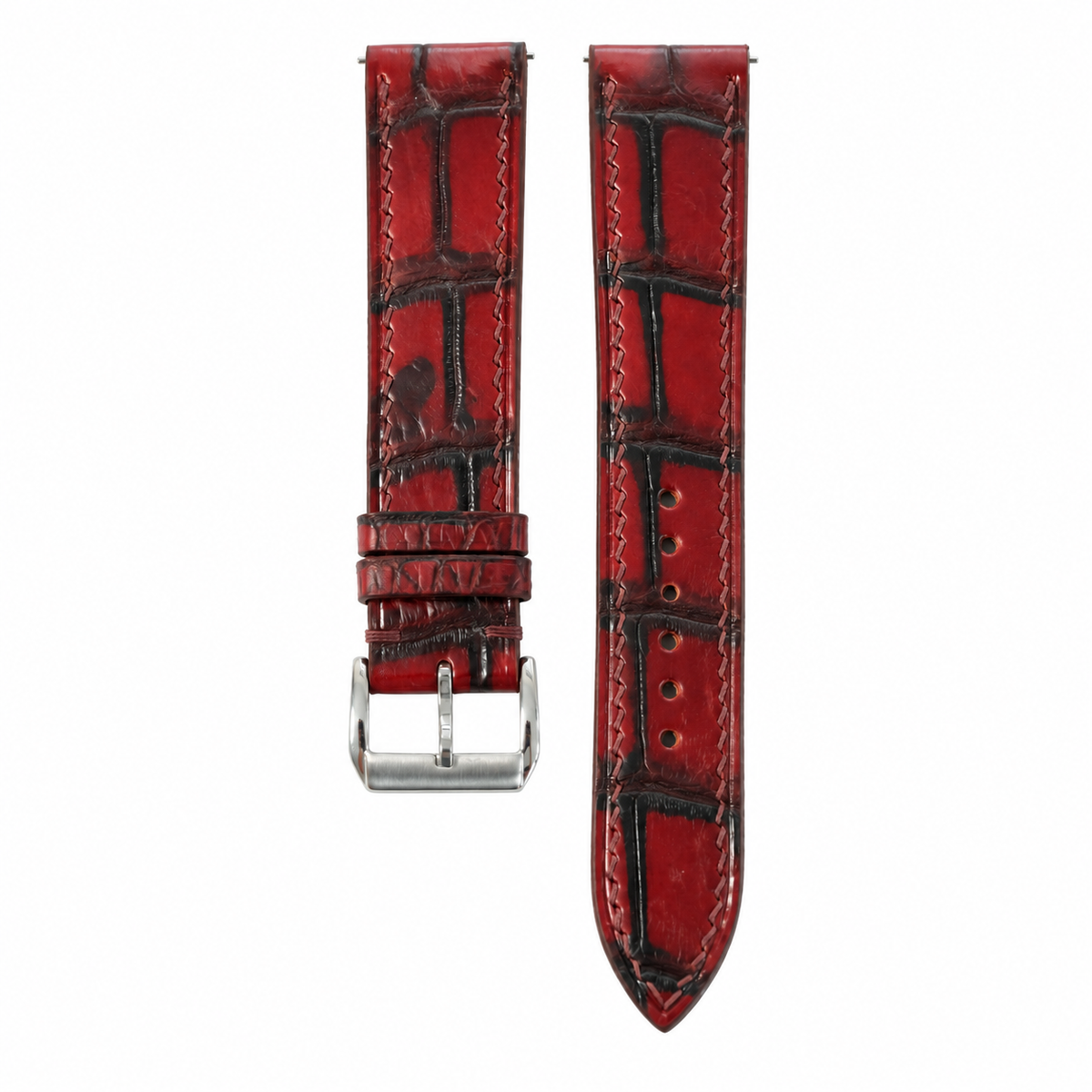 Burgundy Oxblood Patina Alligator Leather Watch Strap - front and back flat lay