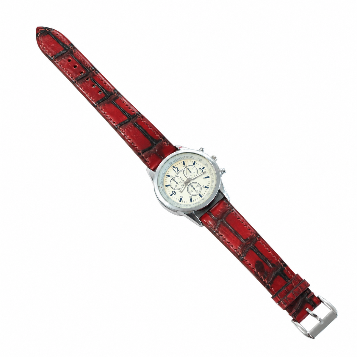 Burgundy Oxblood Patina Alligator Leather Watch Strap - fitted on a chronograph watch